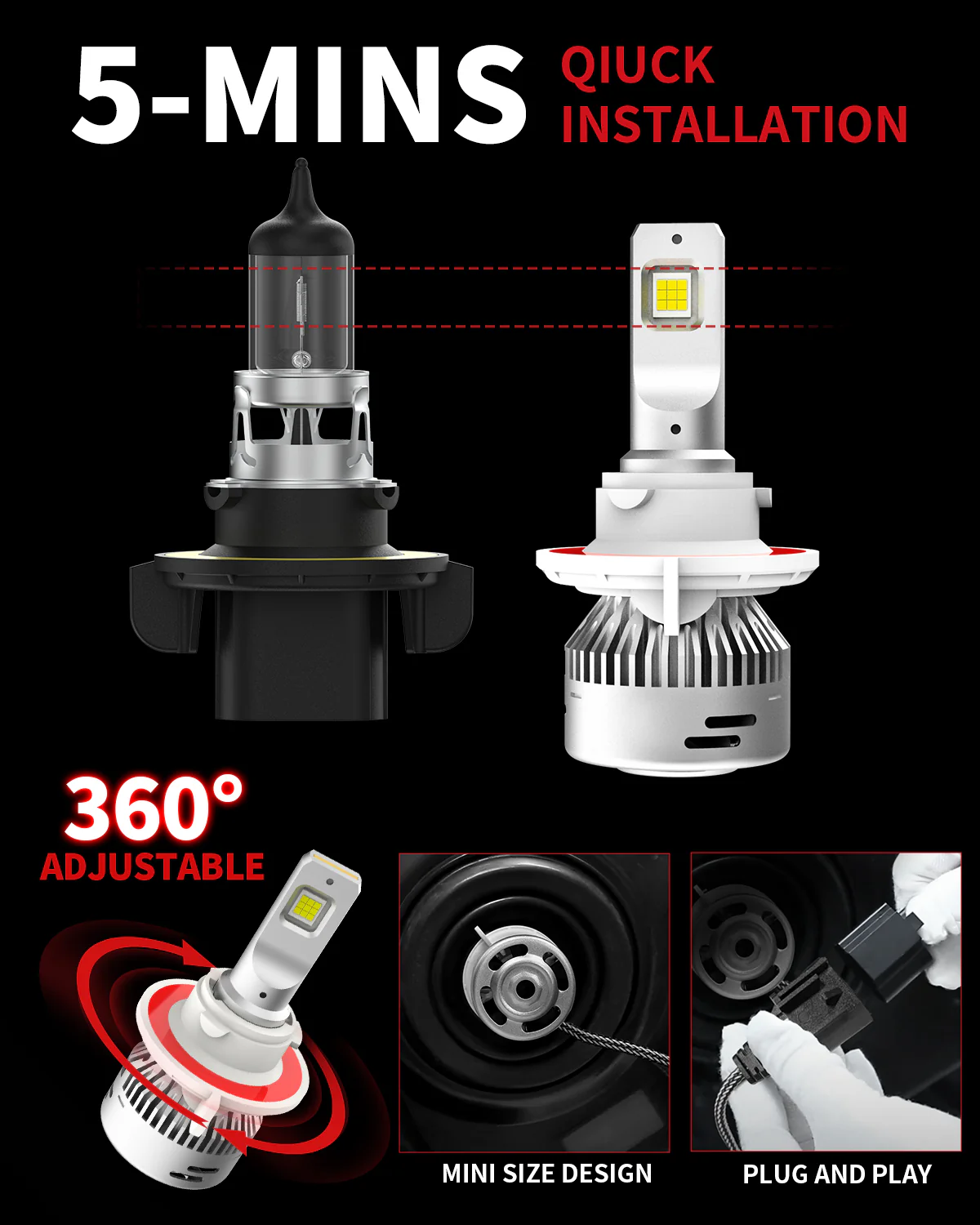 60W H13 9008 LA Plus Series | 6,000LM 6000K LED Bulbs - Image 4