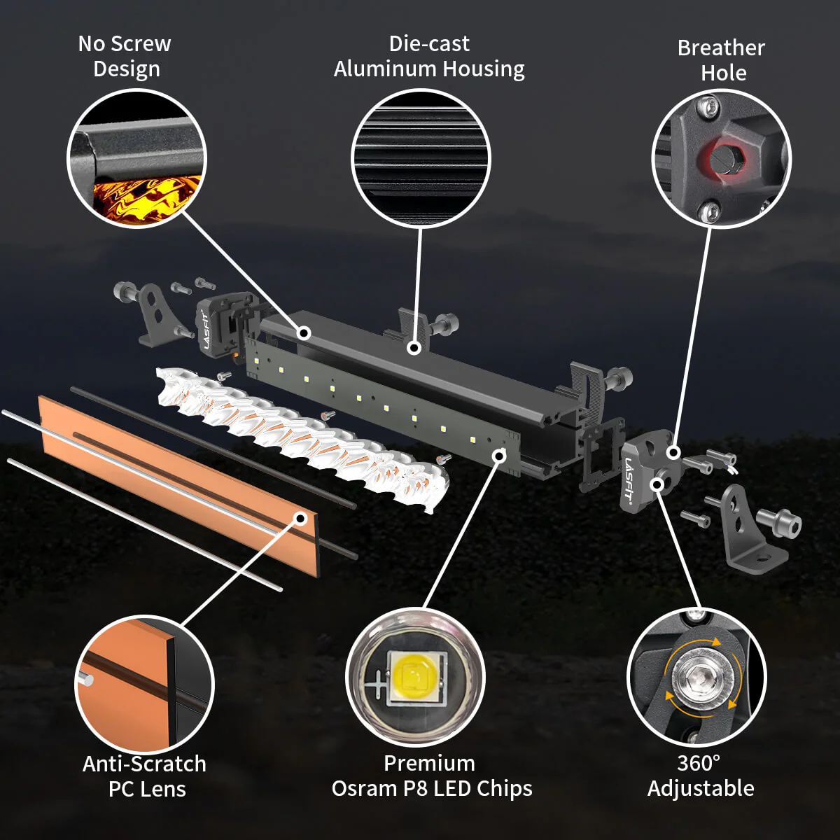 Lasfit 52" Off-Road LED Amber Light Bar With Slim Single Row Combo Flood Spot Design | Roof Rack Windshield Mount - Image 13