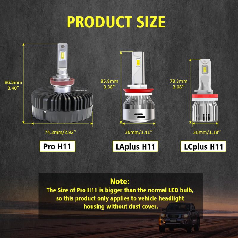 LasfitProSeriesH11LEDBulbsProductSize