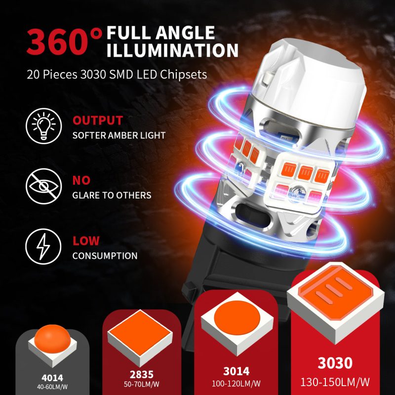 amber T3 3157 led bulbs full angle illumination