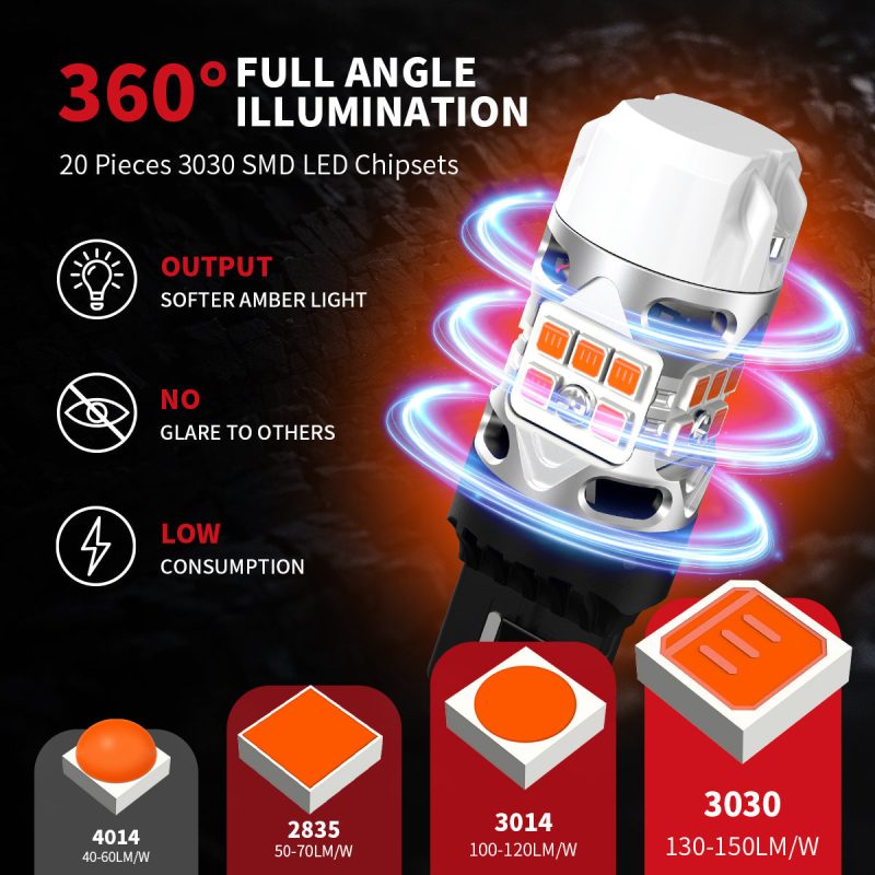 amber T3 7443 CK led bulbs full angle illumination